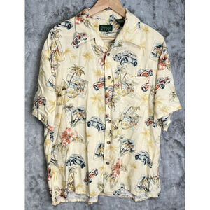 Vintage Scandia Woods Hawaiian Shirt XL Classic Cars Palm Trees Hibiscus Rayon